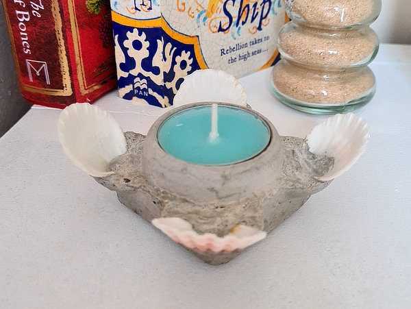 Square Concrete Tea Light Candle Holder with Shells